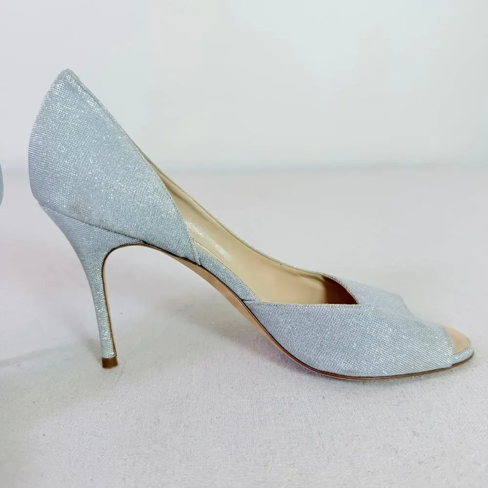 Manolo Blahnik Silver Metallic D'Orsay Peep Toe Stiletto Heels Women's EU 40.5